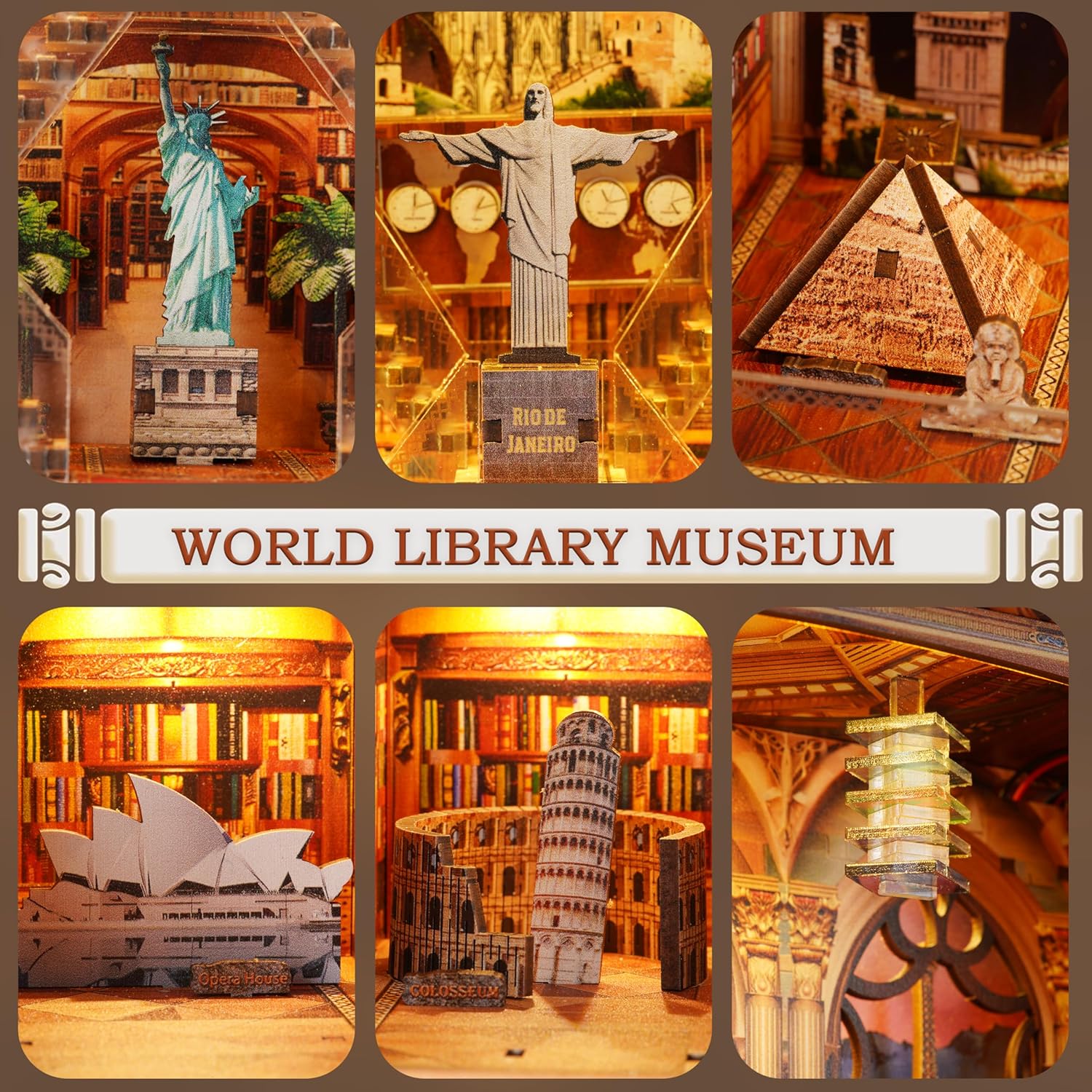 Book Nook Library kit - DIY Miniature House Kit for Adults & Teens, Dollhouse Booknook Bookshelf Insert Decor with LED Light, Unique Gift for Family, Friends（Window of the World）