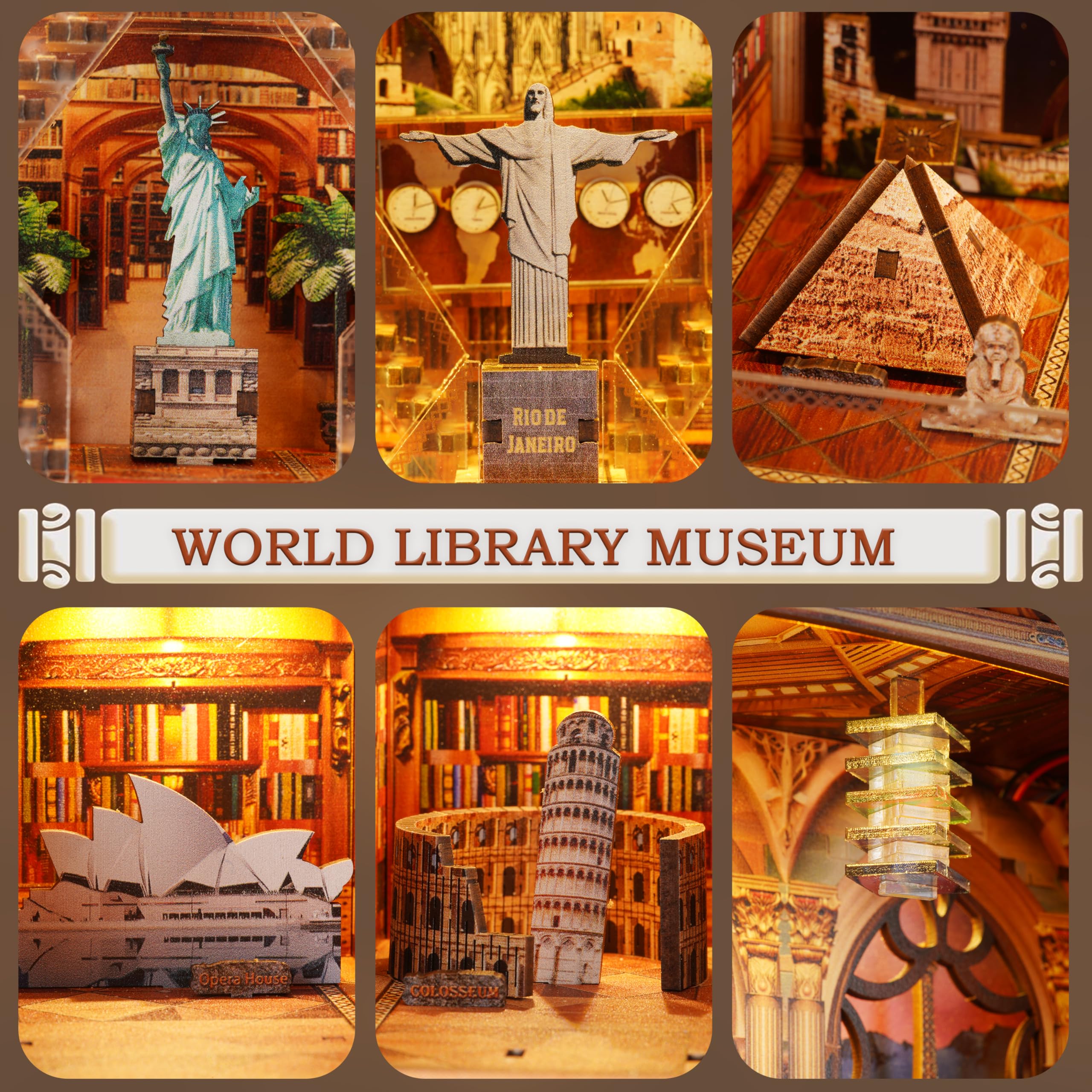 Book Nook Library kit - DIY Miniature House Kit for Adults & Teens, Dollhouse Booknook Bookshelf Insert Decor with LED Light, Unique Gift for Family, Friends（Window of The World）