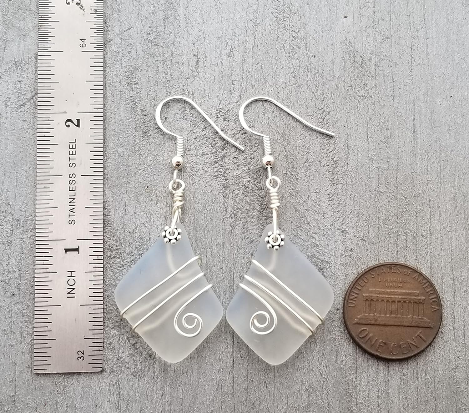 Handmade Hawaiian Sea Glass Earrings, Wire Wrapped Earrings, Diamond Shape Beach Glass Birthday Jewelry Gift For Women with Customization Order