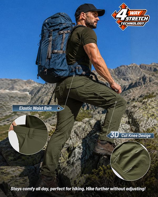 Men's Cargo Work Hiking Pants Lightweight Water Resistant Quick Dry Fishing Travel Camping Outdoor Breathable Multi Pockets Army Green L by AREOUTS - Used condition - Image 6