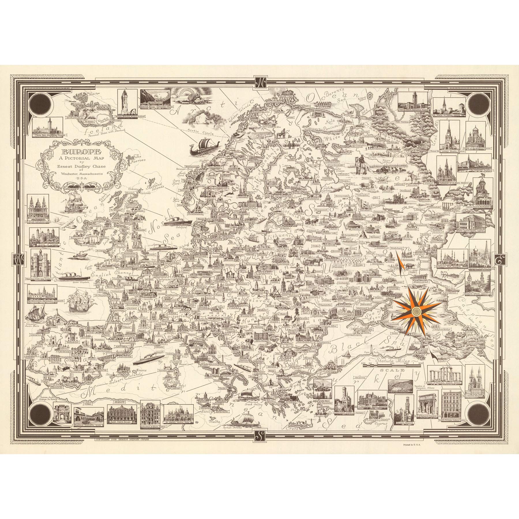 Artery8 1938 Ernest Dudley Chase Pictorial Map Of Europe Premium Wall Art Canvas Print 18X24 Inch