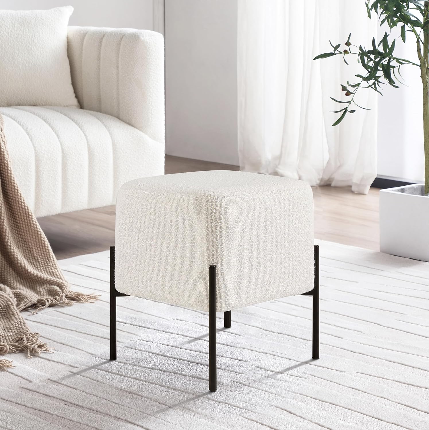 Get Set Modern Boucle Ottoman Stool Vanity Stool Foot Rest Stool, Square Small Vanity Chair for Makeup Room, Footrest Stool with Metal Legs, Side Table Ottoman for Living Room, Bedroom, Walk-in Closet
