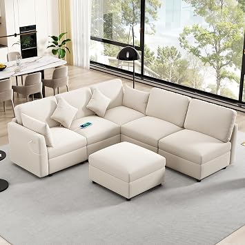 Modern 85.4" Sectional Modular Sofa U-Shaped Couch Sofa Bed with a Movable Ottoman and 2 USB Ports for Living Room Apartment Office Beige-11.9