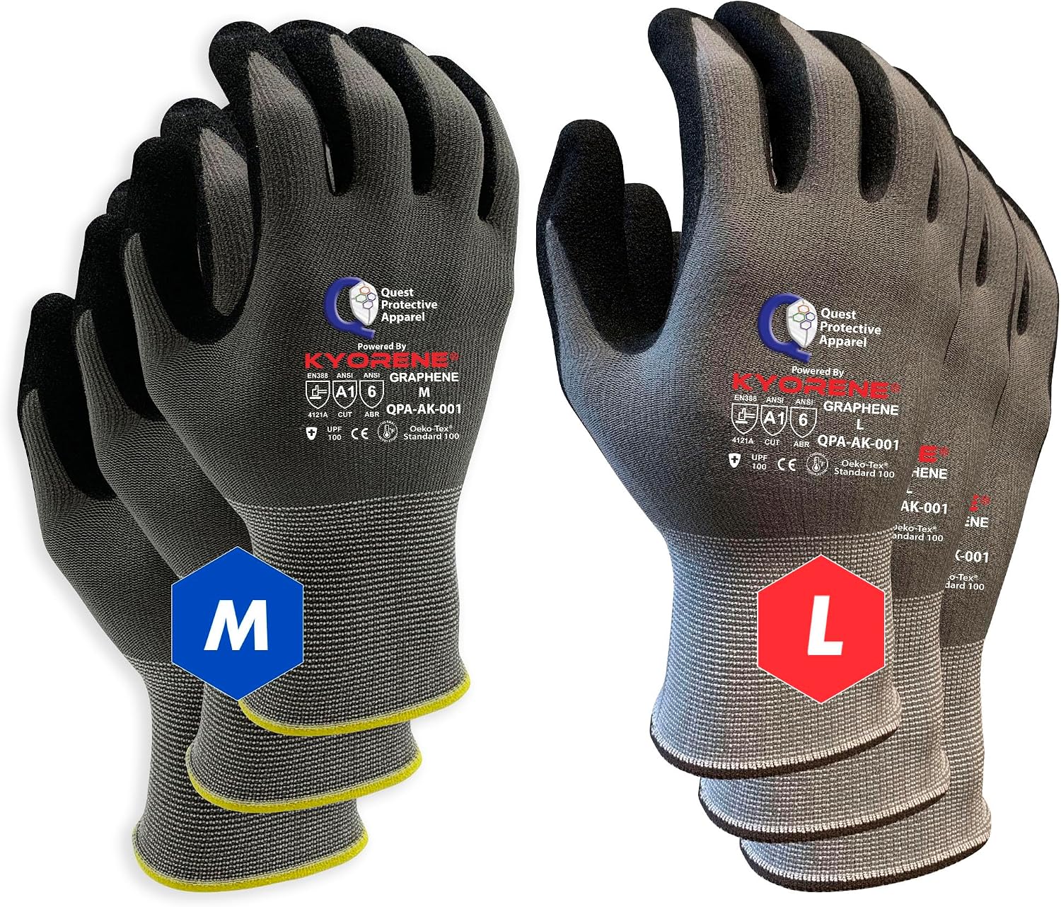 Quest Cut Resistant Work Gloves – Cut Proof Working Gloves Heavy Duty Cutting and Abrasion Protection – Puncture Resistant Gloves - 3 Pairs of Medium + 3 Pairs of Large