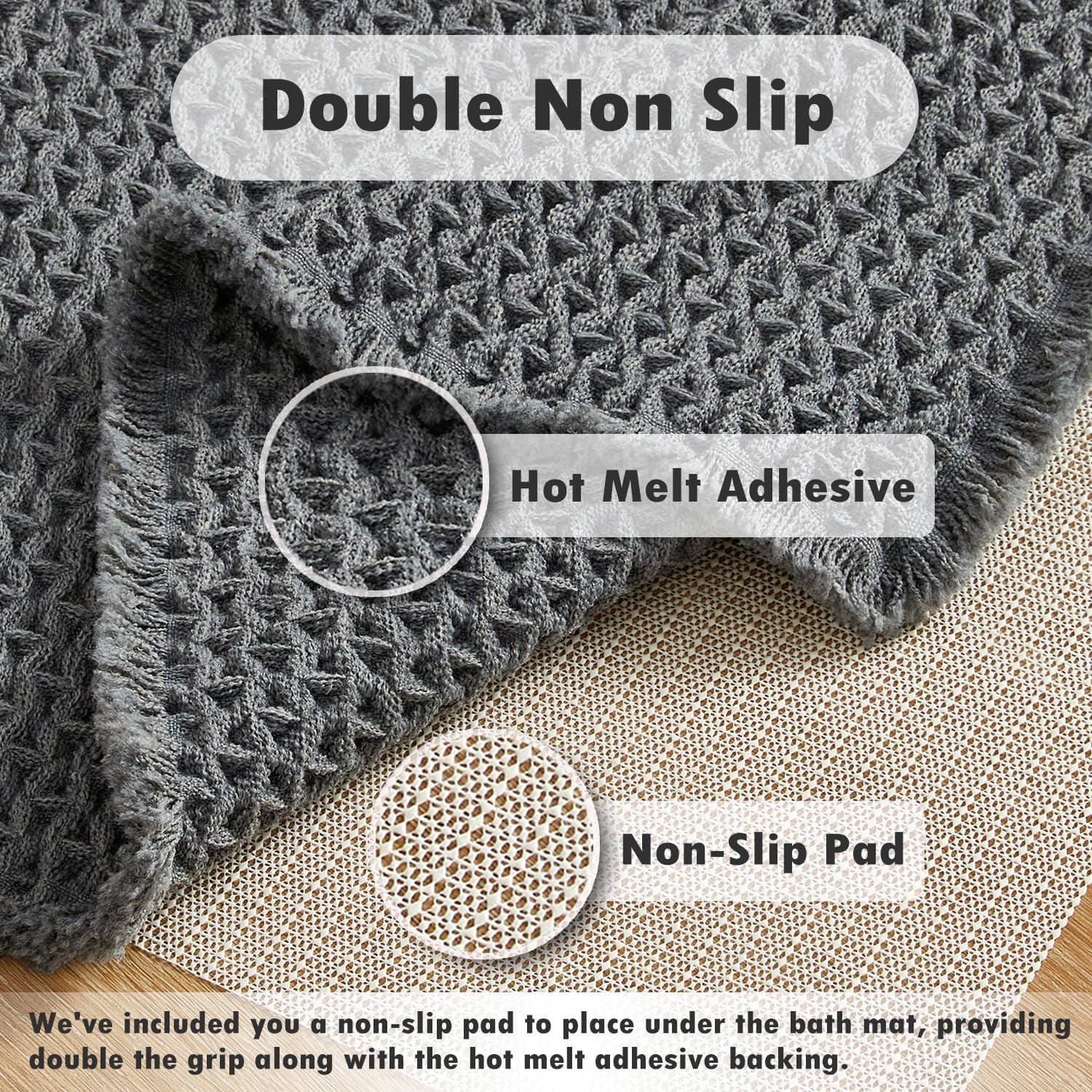 TYUU Boho Bathroom Rugs, Super Absorbent Non Slip Waffle Bath Mat Quick Dry Bath Rugs Washable Boho Farmhouse Bathroom Rugs, Dark Grey 36"x24"