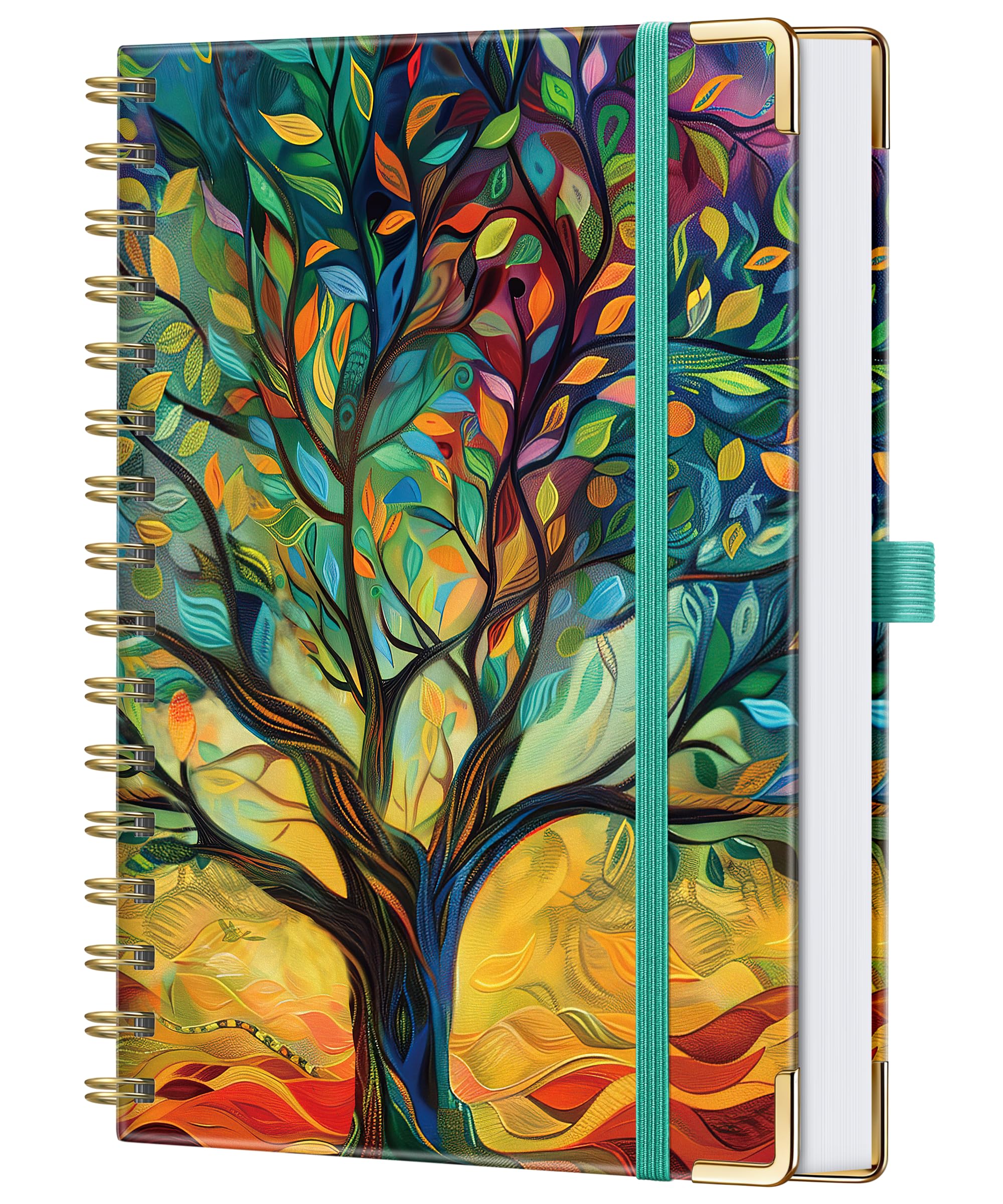 HwxBen A5 Spiral Notebook Hardcover Journal – 176 Pages 100 GSM Thick Paper, Tree of Life Cover, Lay Flat Wirebound Notebook with Metal Corners for Work, Study, Meeting Notes, Diary & Travel Journal