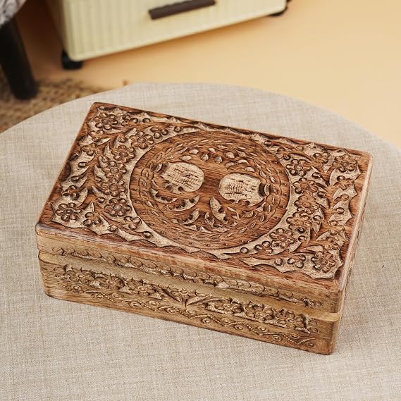 Ajuny Wooden Jewelry Boxes Decorative Antique Boxes with Tree of Life Carving for Coffee Table Decor Birthday Gift for Women Small Jewelry Organizer Wooden Handmade Love Gift - 8X5 Inch