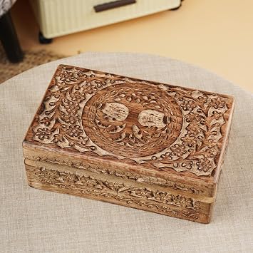 Ajuny Wooden Jewelry Boxes Decorative Antique Boxes with Tree of Life Carving for Coffee Table Decor Birthday Gift for Women Small Jewelry Organizer Wooden Handmade Love Gift - 8X5 Inch