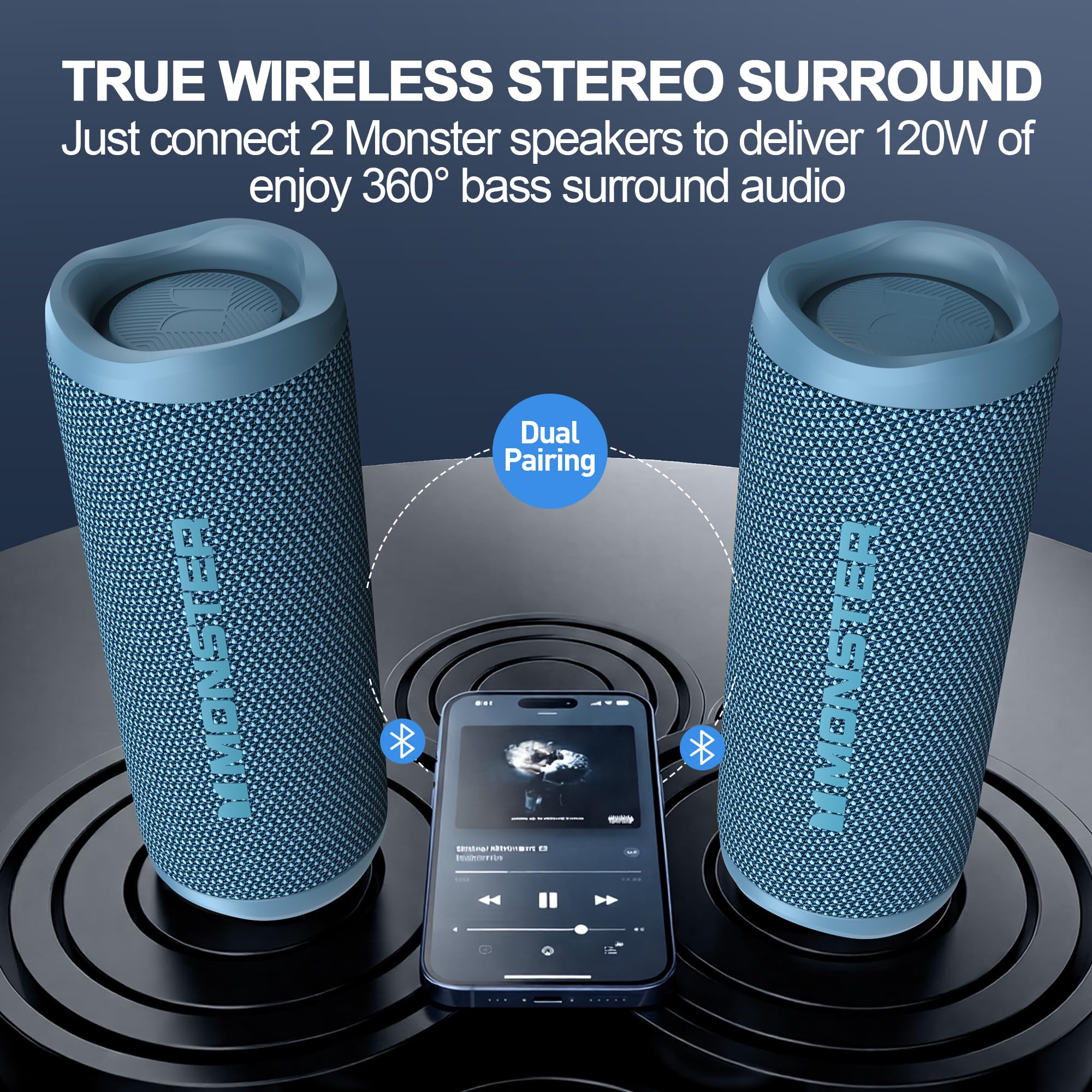 Monster Altavoz Bluetooth S620, altavoces Bluetooth inalámbricos portátiles para exteriores, estéreo inalámbrico de 60 W, IPX8 impermeable, doble emparejamiento, micrófono integrado Bluetooth 5.4