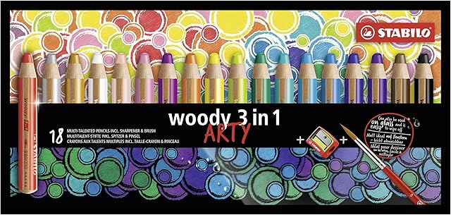 Multi-talented Pencil STABILO woody 3-in-1 ARTY - Wallet of 18 - Assorted Colours + Sharpener & Paint Brush