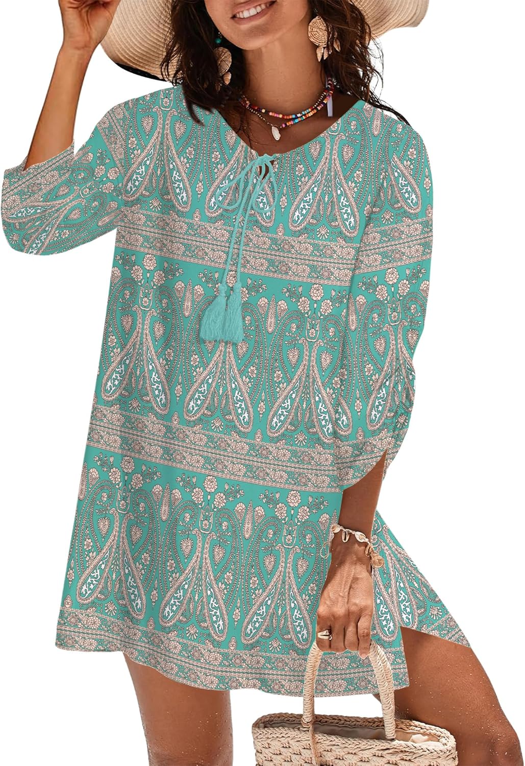 HOTOUCH Women Casual Beach Summer Dress Boho V Neck 3/4 Long Sleeve Short Floral Print Flowy Swimsuit Cover Up Sundress - Image 2