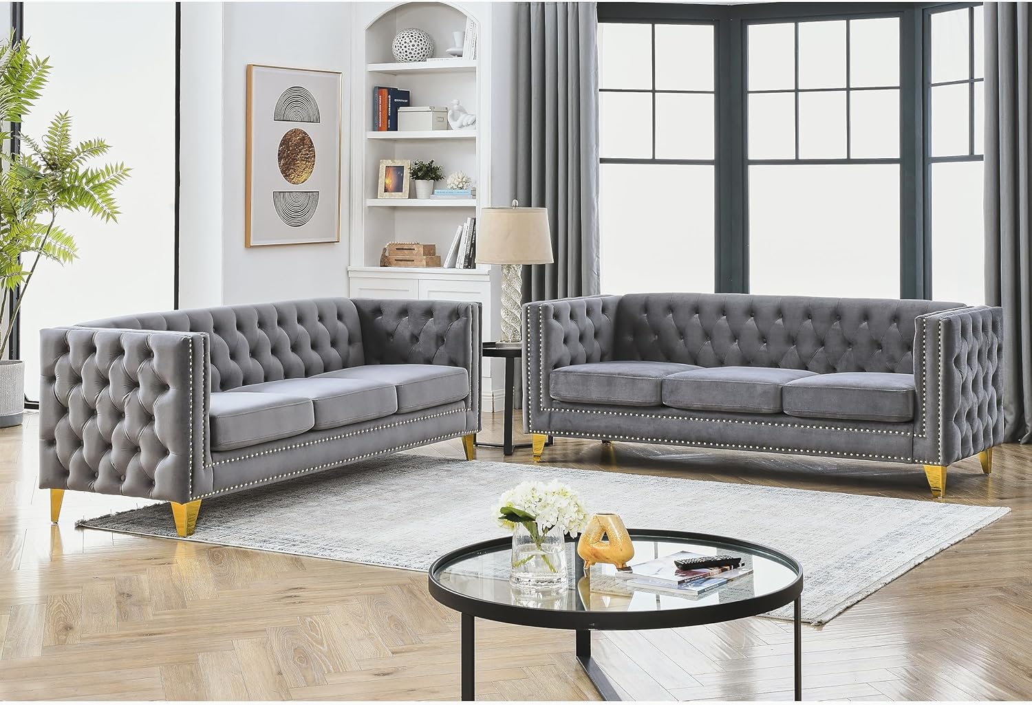(INCOMPLETE)(2 ONLY TWO BOXES FOR PICK UP)KEIKI Tufted Velvet 3+3 Seat Sofa Couch for Living Room, Buttons Tufted Square Arm Couch for Home Apartment, Gray