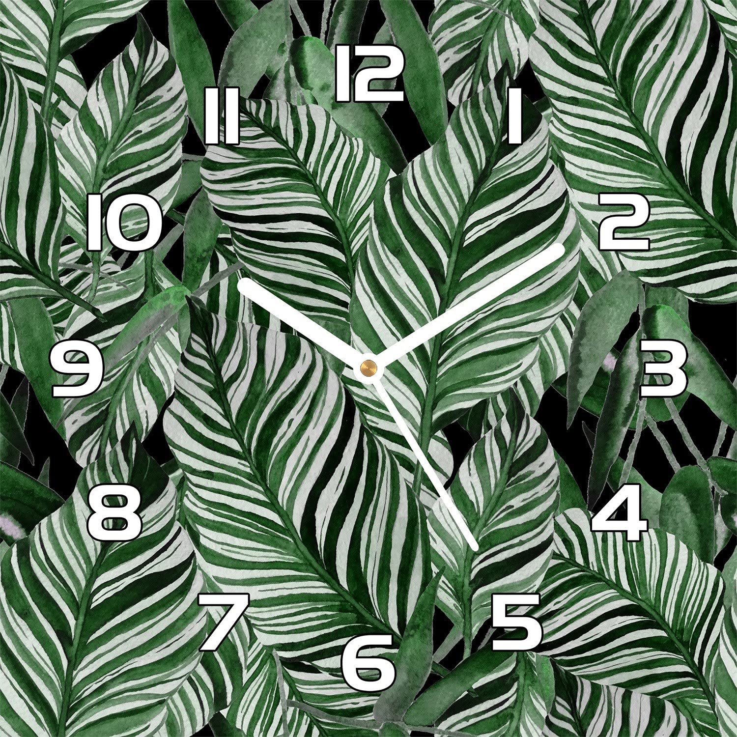 Horloge en verre 30x30 cm Coloray avec motif ustensile jungle et aiguilles blanches