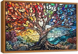 Framed Picture Modern Glass Coloured Gems Tree of Life Picture Decoration Red Yellow Blue Brown Canvas Painting Picture Decorative Pictures Living Room Bedroom Dining Hallway 30 x 40 cm