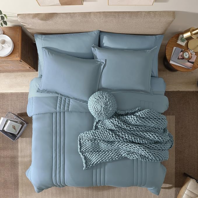 Monbix Queen Comforter Set 7 Pieces Dusty Blue Down Alternative