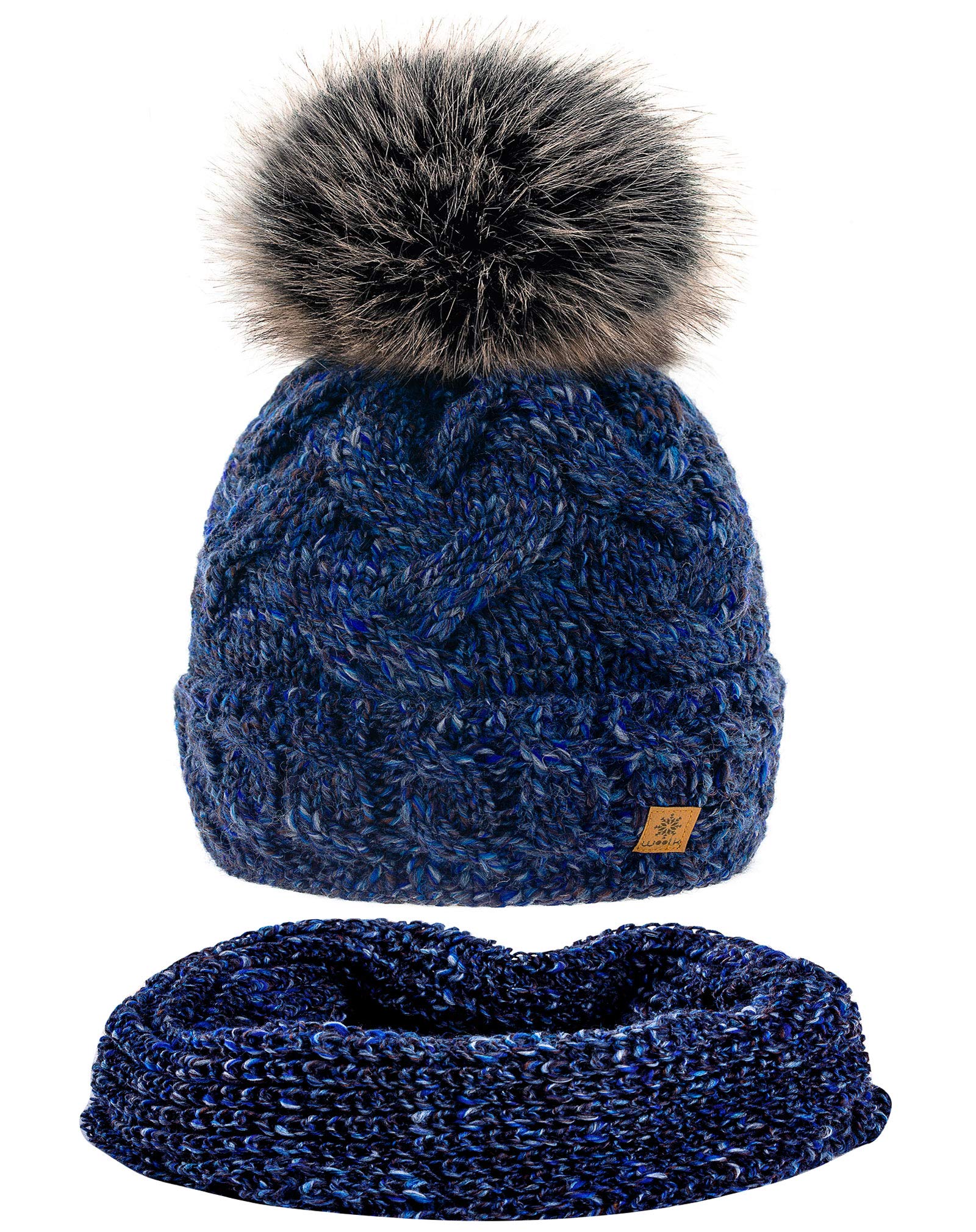 Mfaz Morefaz Ltd Women's Set Hat&Scarf Nave Set Scarf & Hat Winter Beanie Hat Worm Knitted Alpaca Wool Hats Fleece Lining Pom Pom (Set Hat&Scarf Nave)