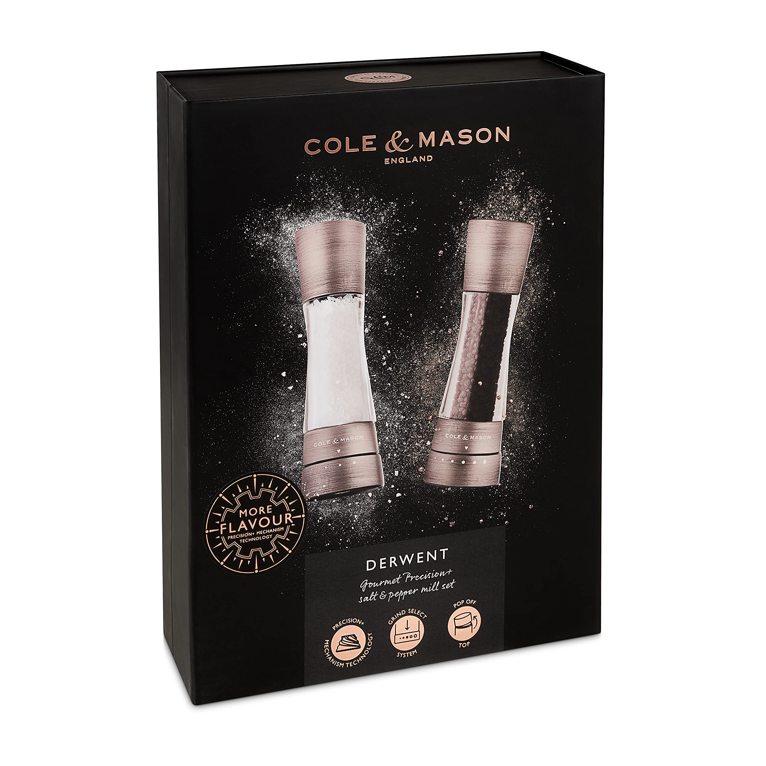 Cole & Mason H332028 Derwent Titan Salz und Pfeffer Mühle, 2er Set Manuell, Edelstahl/Acryl, 190mm, Precision+, Geschenkset