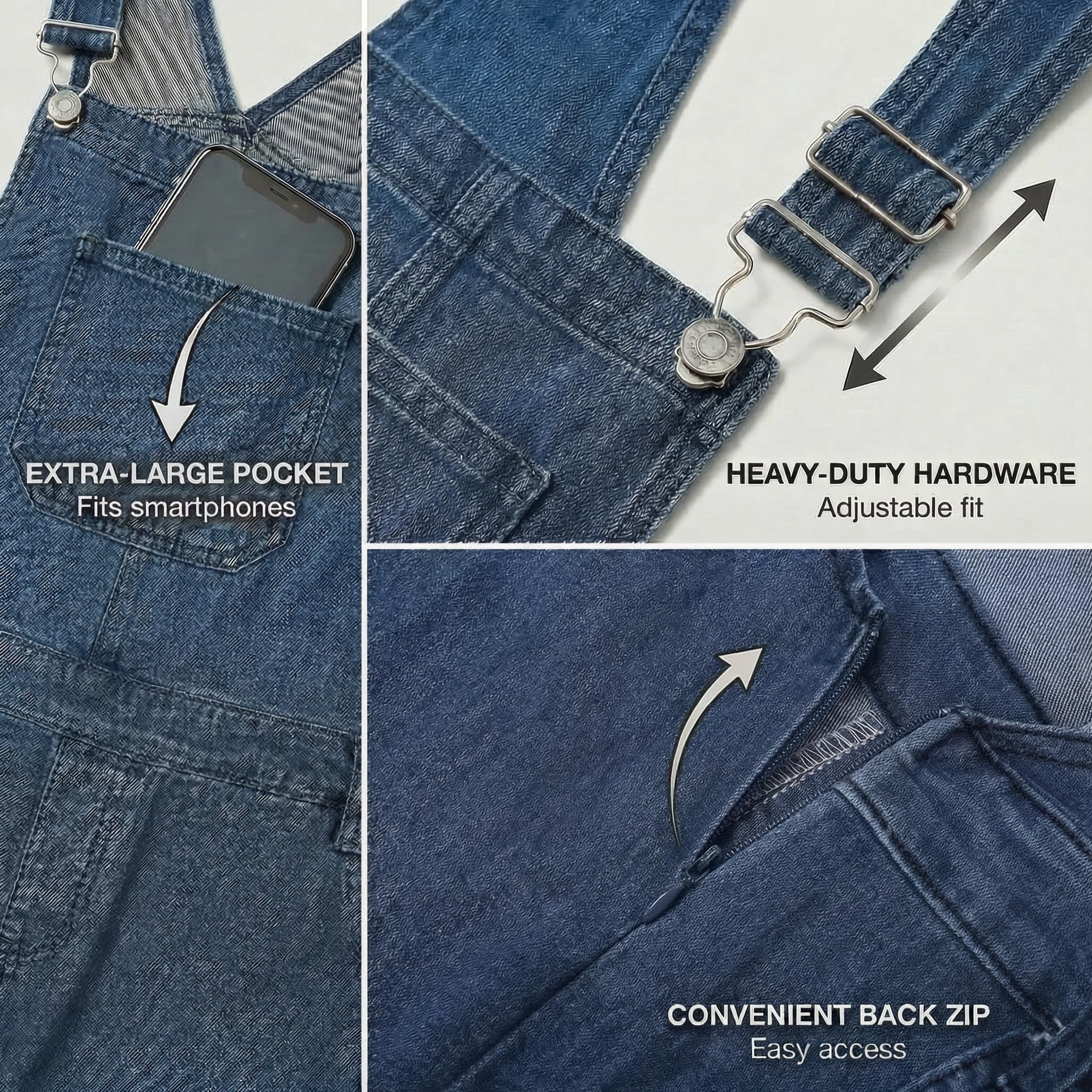Salopette Donna Jeans in Denim Oversize, Pantaloni Lunghi con Spalline Regolabili e Tasche, Tinta Unita, Stile Casual per Lavoro e Tempo Libero
