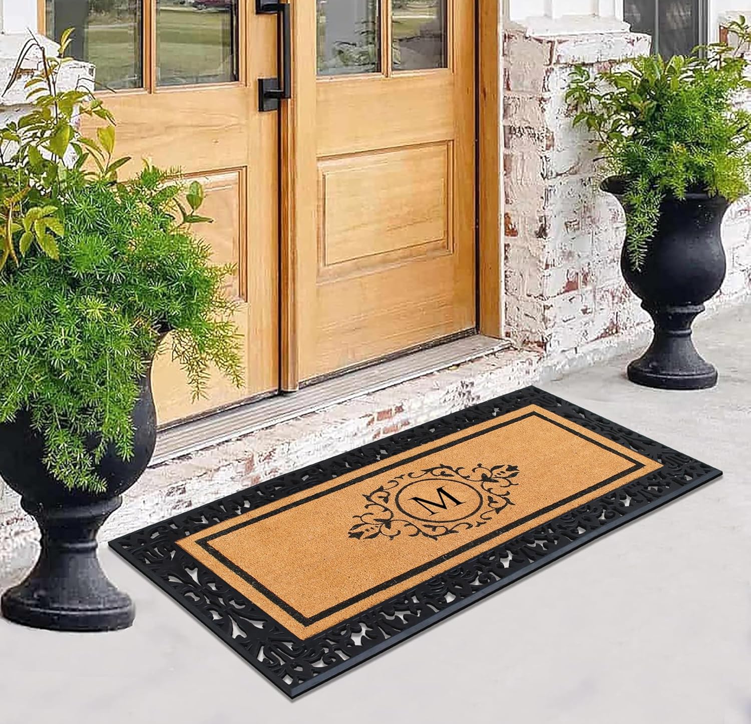 A1HC Natural Coir Flocked Doormat for Outside Entrance, Heavy Duty, Thin Profile, Anti-Shed Treated Front Door Mat, Long Lasting Monogrammed - 30" x 60"