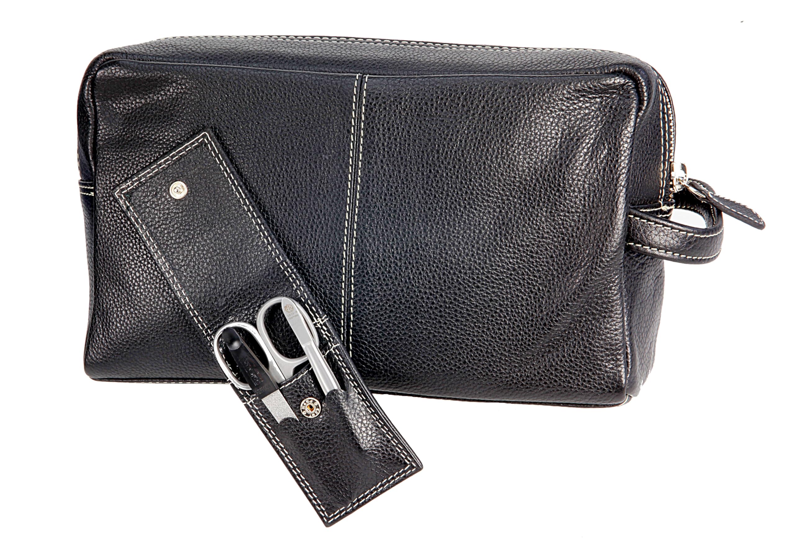 Sonnenschein Leder Kulturtasche & Kulturbeutel für Herren & Damen – Mittelgroße Kosmetiktasche mit 3-TLG. Maniküre Set aus Edelstahl – Hochwertige Toilettentasche – Kosmetiktasche klein & kompakt