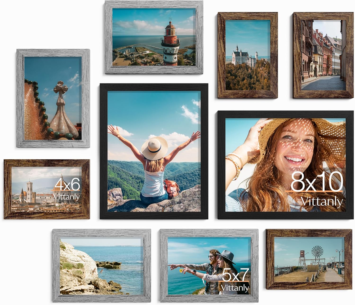 Vittanly Picture Frames Set of 10, Picture Frames Collage Wall Decor with Two 8x10, Four 5x7, and Four 4x6 Photo Frames, Gallery Wall Frame Set for Wall or Tabletop Display, Black&Brown&Grey