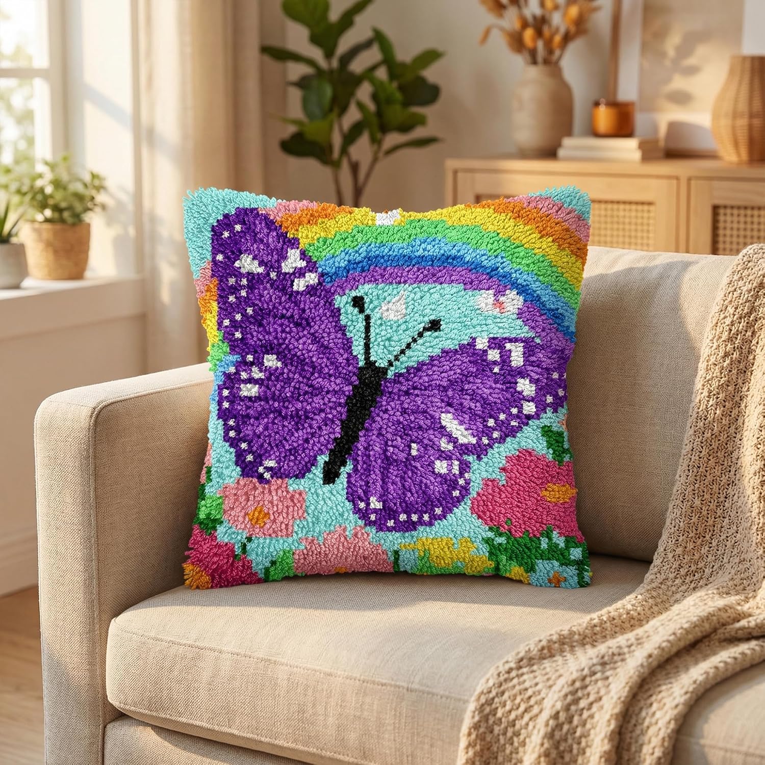 DIY Latch Hook Kit,17''x17'' Butterfly Rainbow Throw Pillow Case Craft Set Handmade Gift for Adults Beginners,Complete Pre-Printed Latch Hook Rug Kits Cross Stitch Pillow Cover for Home Sofa Decor
