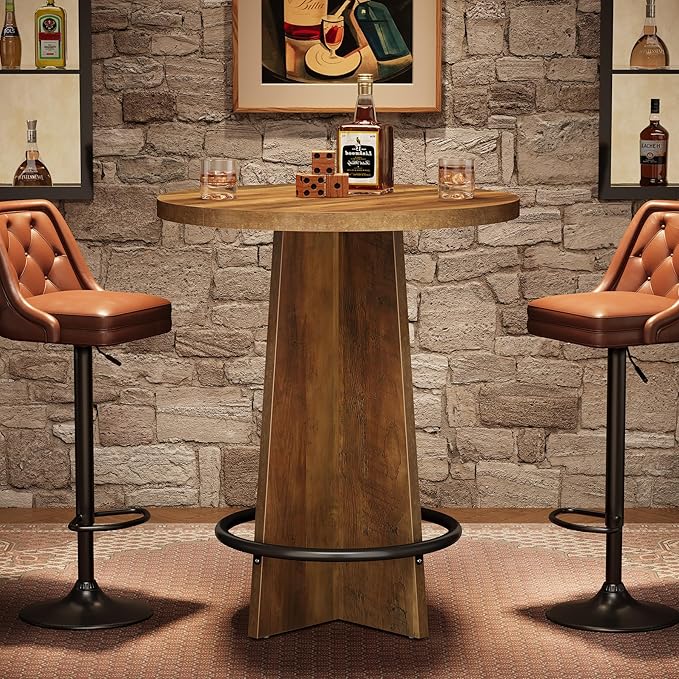 Tribesigns Round Bar Table, 37.4'' Tall Wooden Bistro Pub Table with Base and Metal Ring Footrest for Coffee House, Home, Small Space, Brown(Only Table)