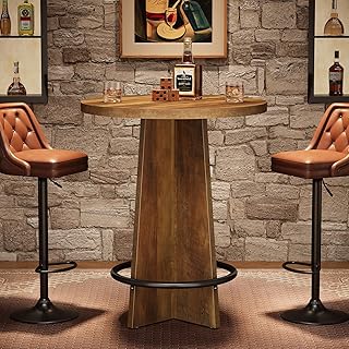 Tribesigns Round Bar Table, 37.4'' Tall Wooden Bistro Pub Table with Base and Metal Ring Footrest for Coffee House, Home, Small Space, Brown(Only Table)