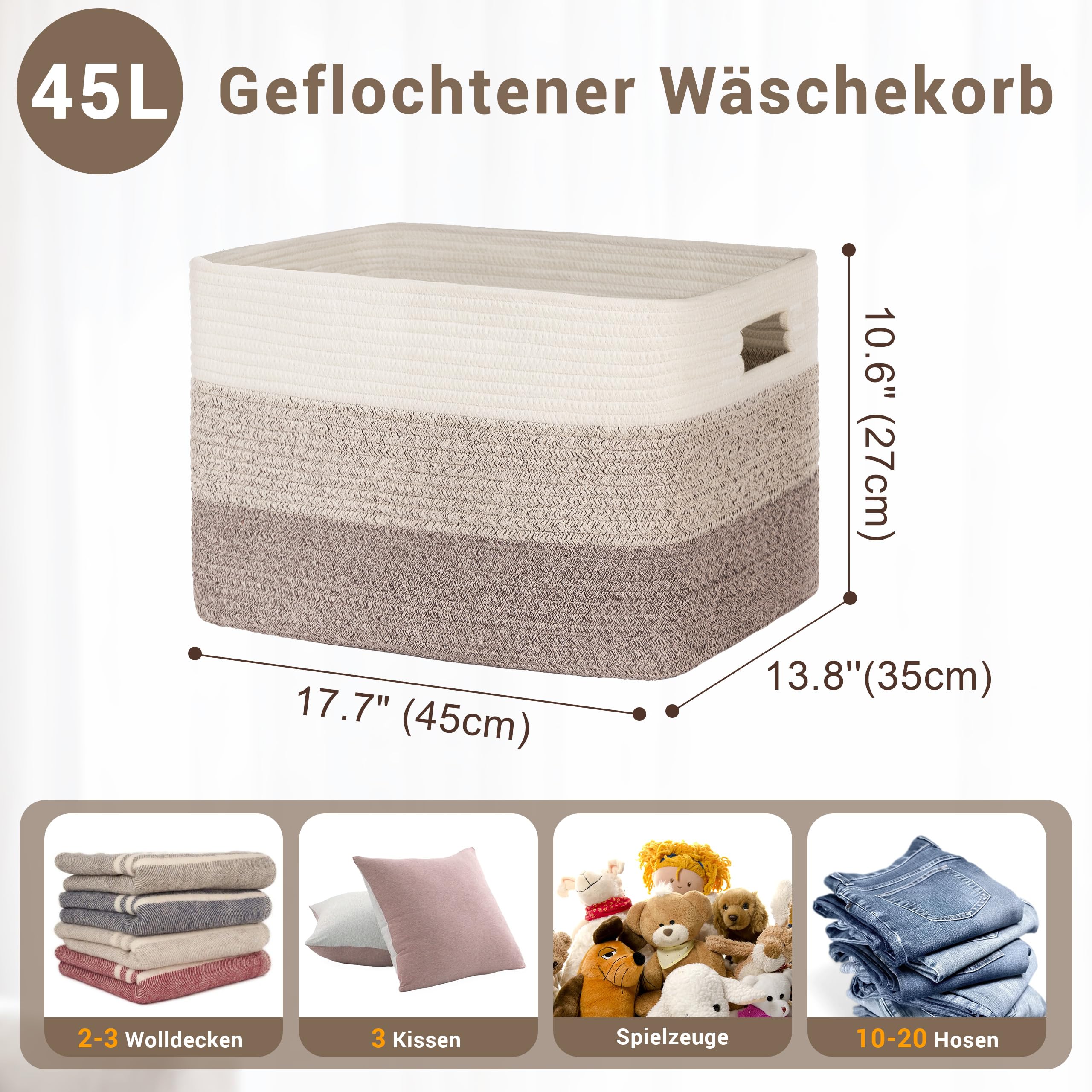 Gran organizador 72L en cuerda de algodón, cesto para juguetes, mantas, ropa, trenzado con asas, recogedor de ropa de tela para decoración de habitación infantil o salón, degradado marrón