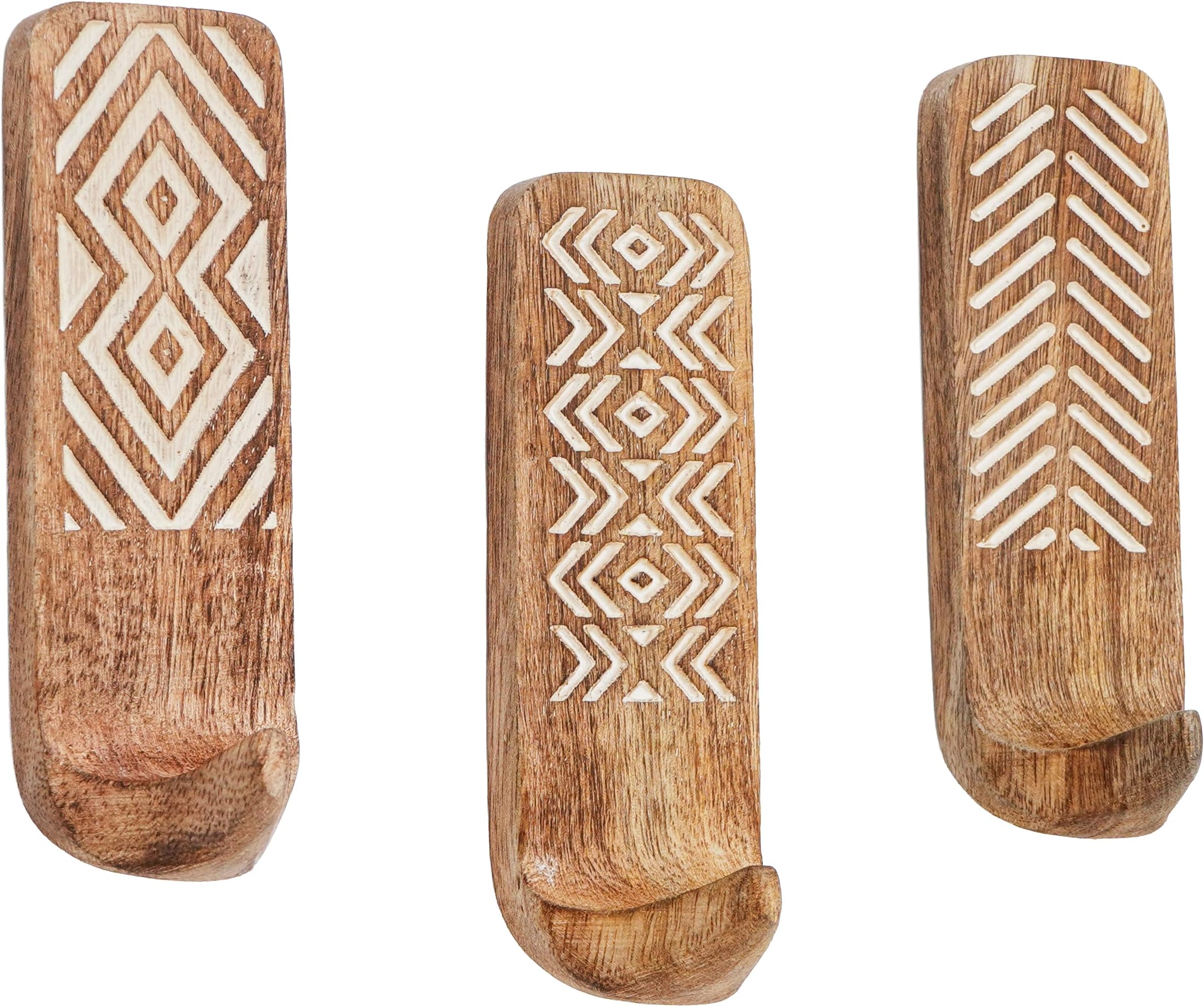 Indian Shelf 3 Pack No Damage Wood Wall Hooks- Adhesive Wall Hooks -Boho Key Decorative Wall Hooks for Hanging- Wood Hangers -Sticky Coat Hooks Wall Mount- Towel Hooks for Bathroom Wall Mounted-Style1