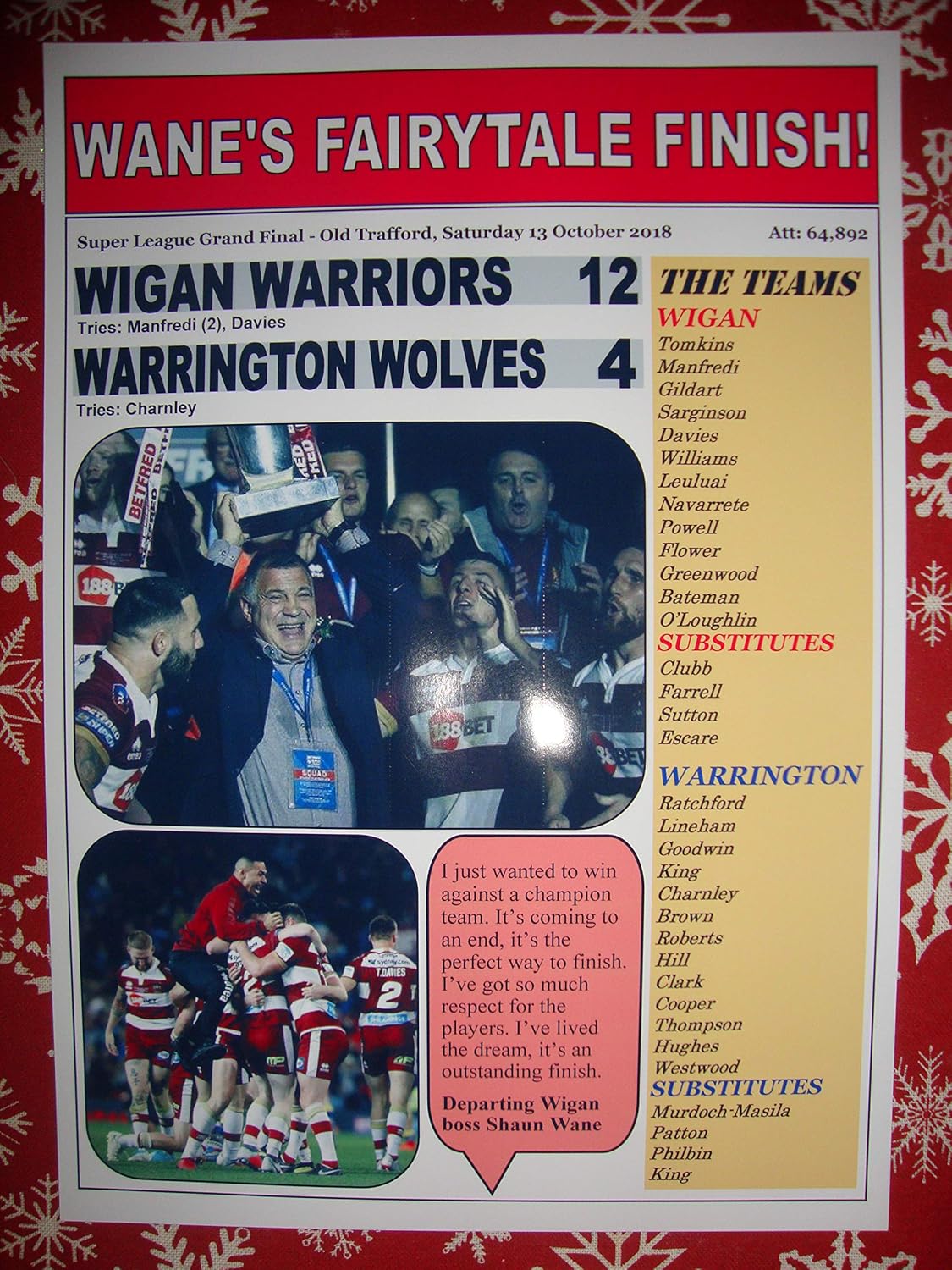 Wigan Warriors 12 Warrington Wolves 4-2018 Grand Final - Souvenir Print