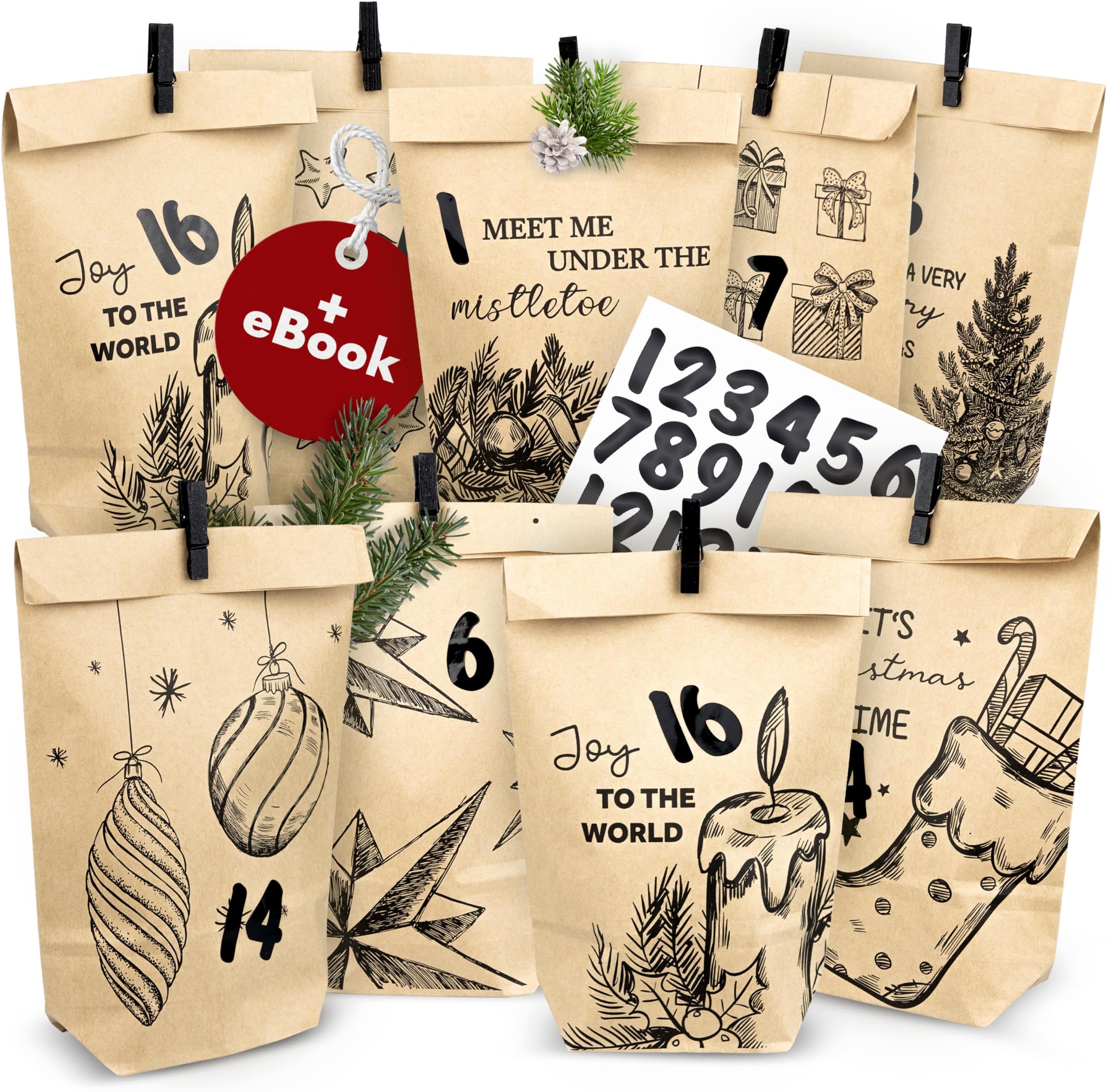 Adventskalender Zum Selber Befüllen - 24 Papiertüten Mit Holzklammern & Zahlenaufkleber
