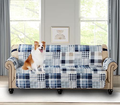 Brilliant Sunshine Blue Plaids and Stripes Patchwork Couch Cover, Quilted
