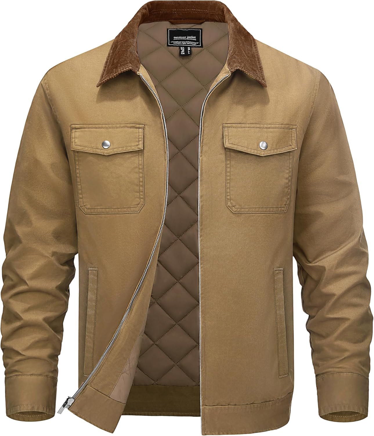 Cotrasen Men's Lightweight Quilted Zipper Jacket with Corduroy Collar Cotton Jackets with Pockets Fall Winter Spring