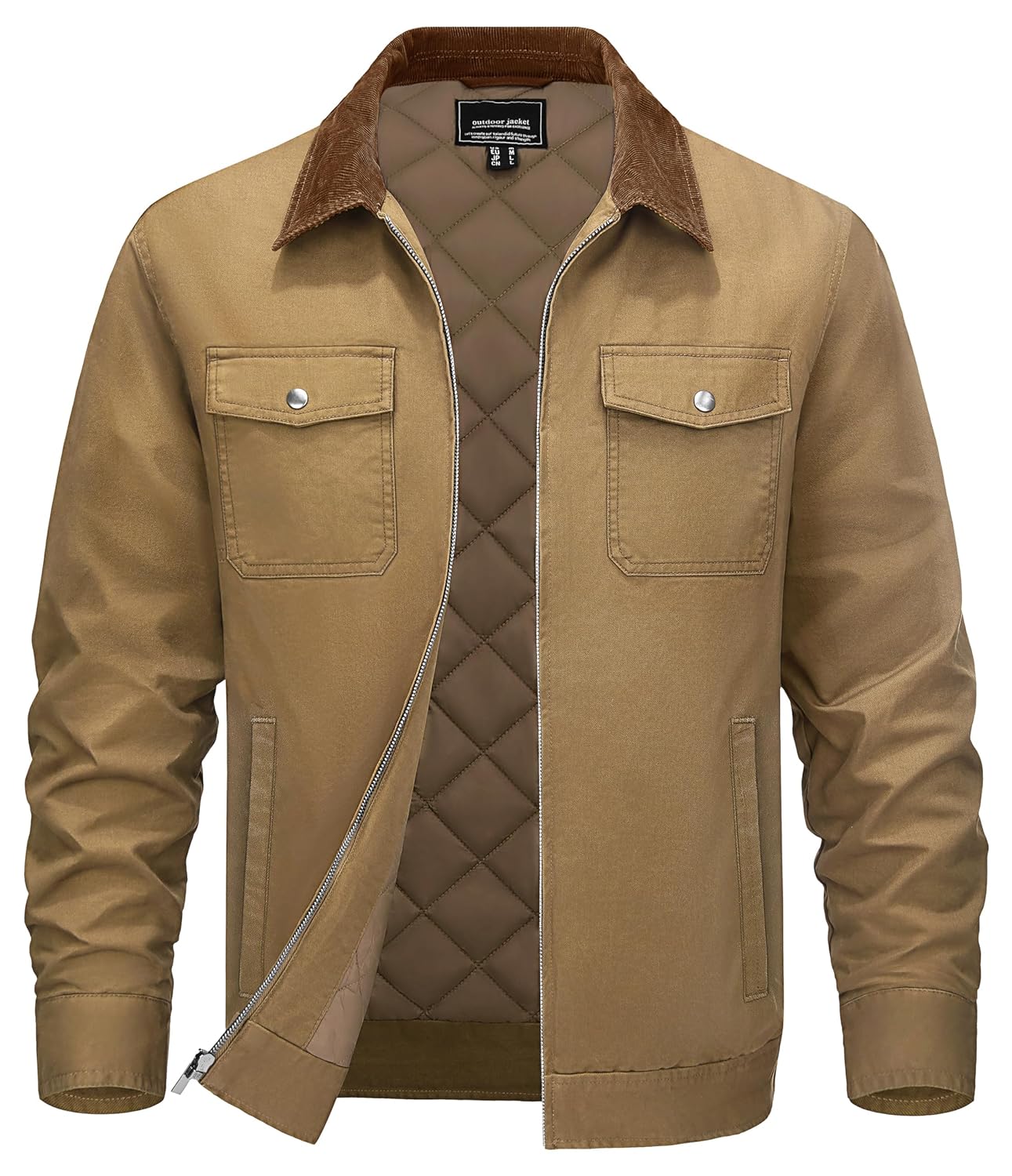 Cotrasen Mens Lightweight Quilted Zipper Jacket with Corduroy Collar Cotton Jackets with Pockets Fall Winter Spring