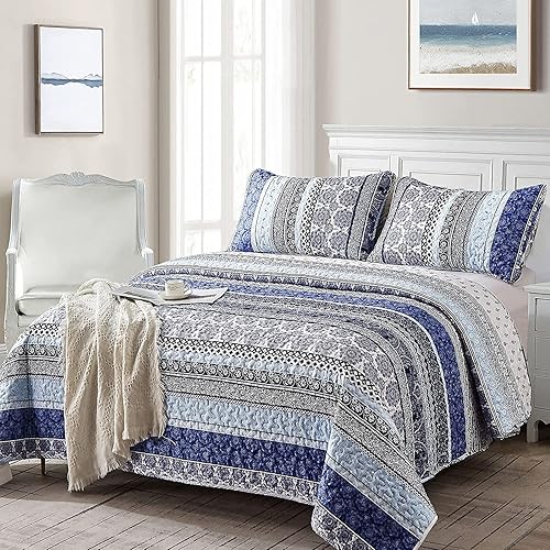 Miniatura 2 de WONGS BEDDING Juego de edredón bohemio tamaño individual, juego de edredón de 2 piezas bohemio, color azul, juego de ropa de cama ligero para todas