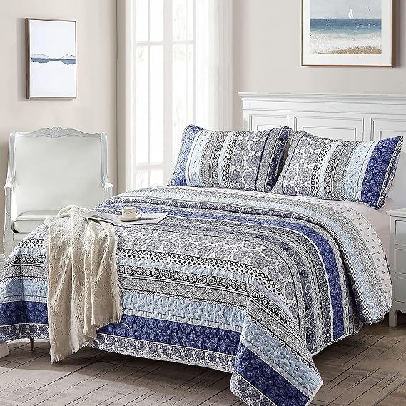WONGS BEDDING Boho Quilt Set Full, 3 Pcs Blue Striped Bedspread