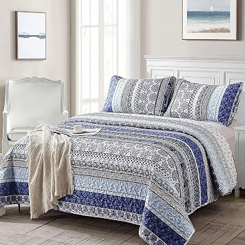 WONGS BEDDING Boho Quilt Set Full, 3 Pcs Blue Striped Bedspread