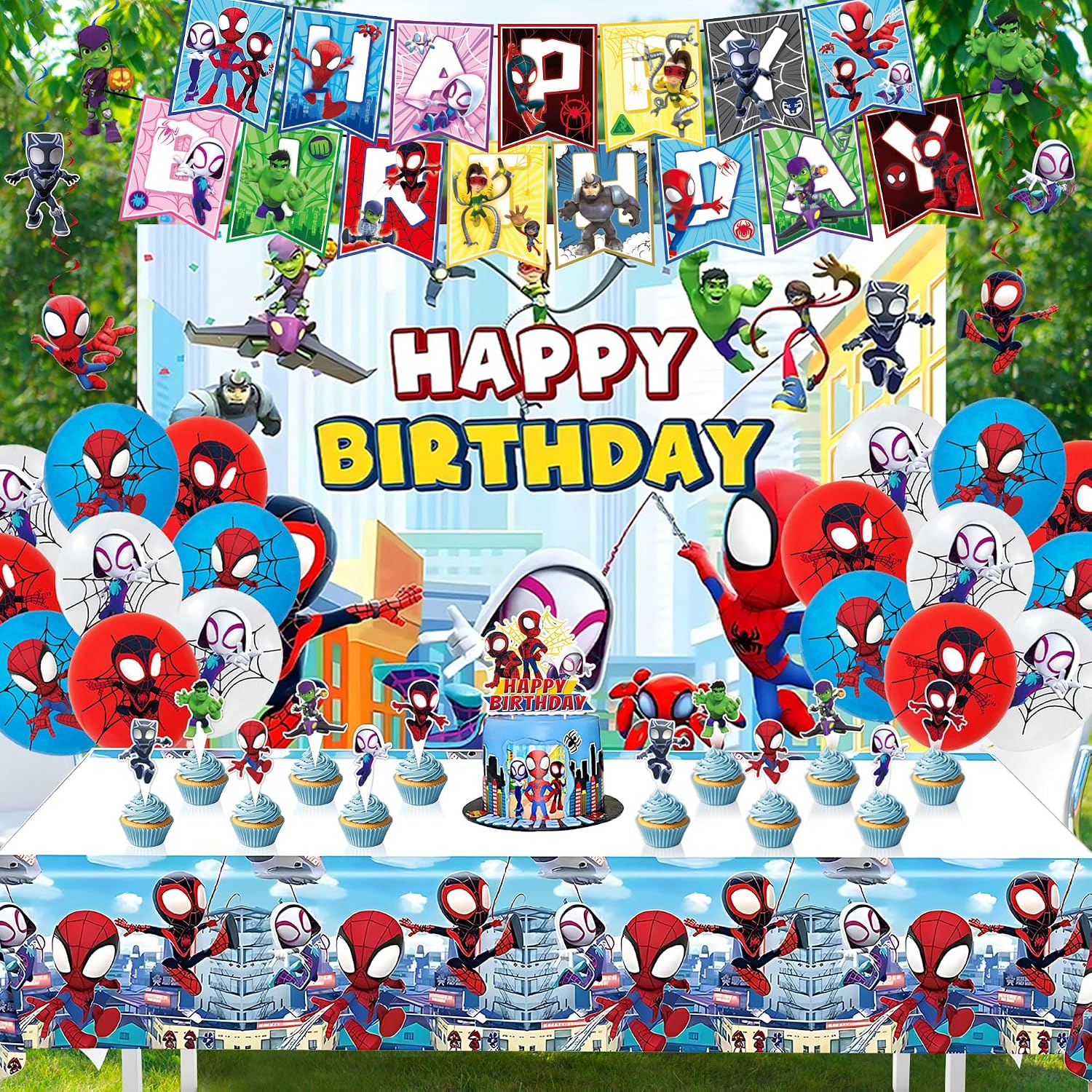 Spdey Party Supplies,Spidy Theme Party Decorations for Kids Boys | Include Happy Birthday Banner,Backdrop,Tablecover,Cake Toppers,Spiral Charms,Latex Balloons