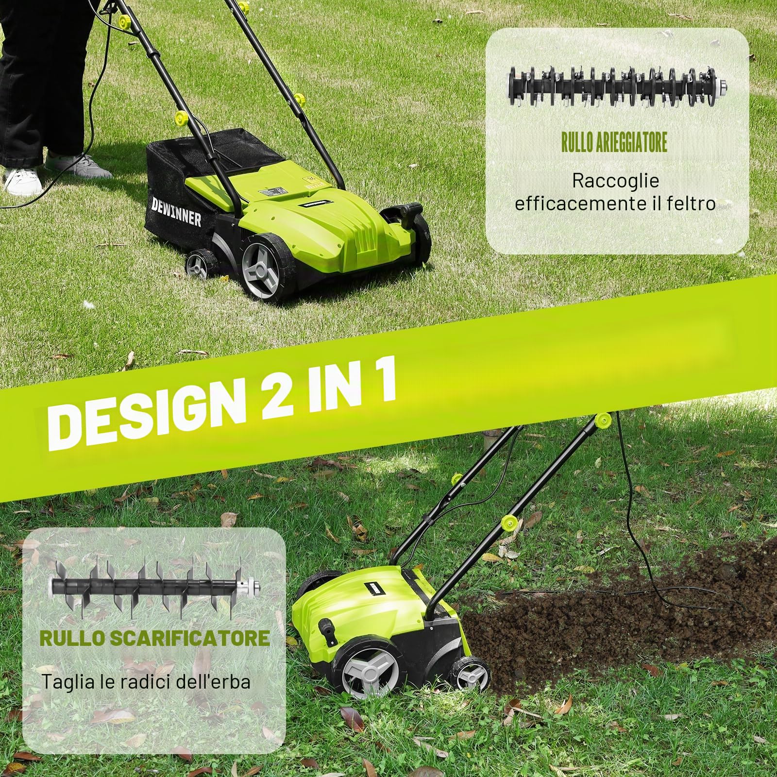 DEWINNER Scarificatore arieggiatore elettrico 2in1 1500W 32cm 30L 4 livelli profondità regolabile