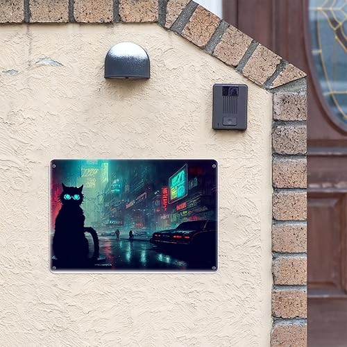 Miniatura 2 de AMOGHASIDDHI Cartel de metal con diseño de gato Cyberpunk de aluminio, póster de metal vintage de 8 x 12 pulgadas, letrero de pintura para