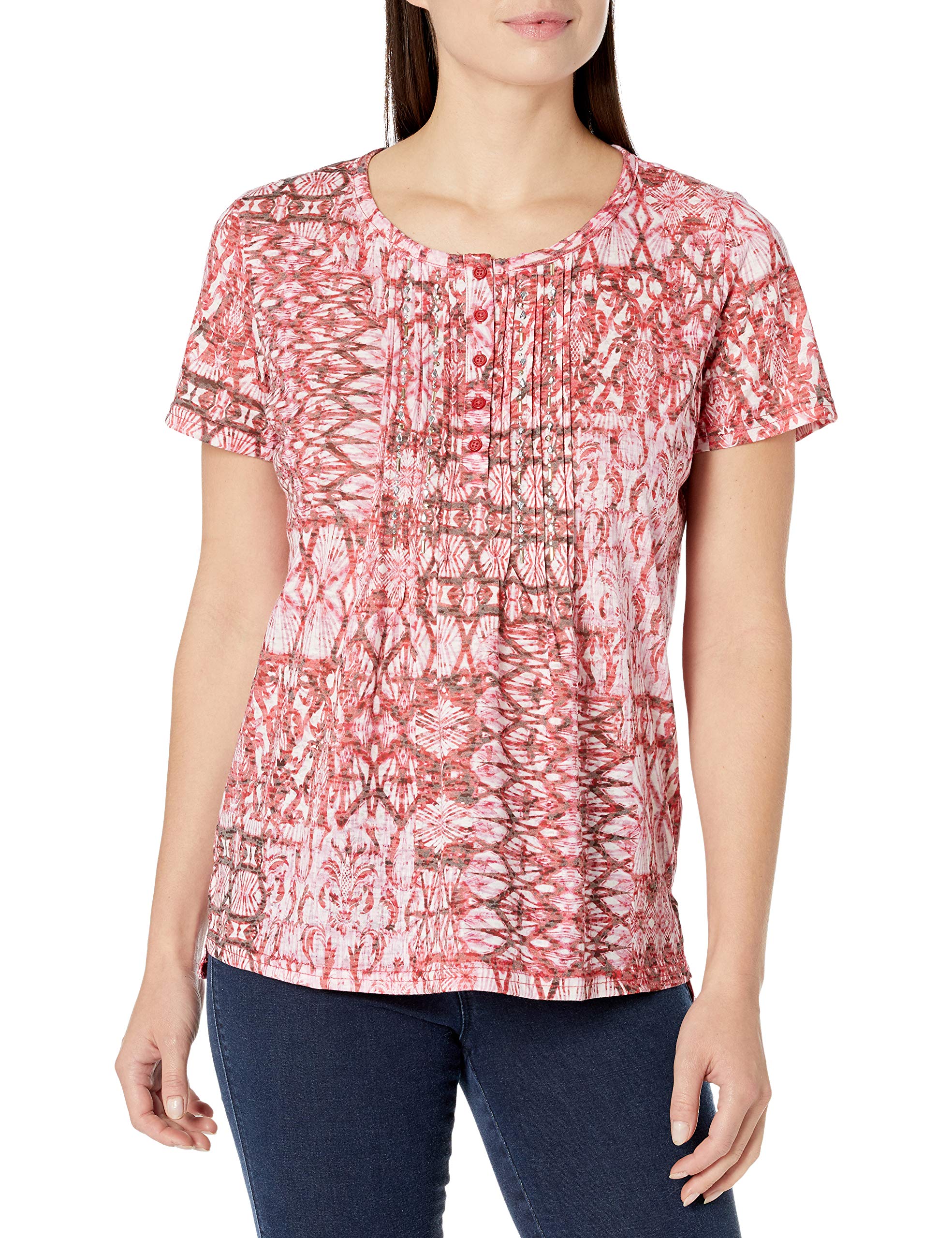 ErikaWomen's Reese Embelished Pintuck Short Sleeve Henley Tee