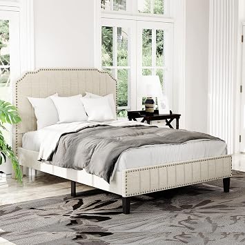 Modern Upholstered Twin Platform Bed Frame, Linen Curved Upholstery, Solid Wood Frame with Headboard, Nail Head Trim - Beige