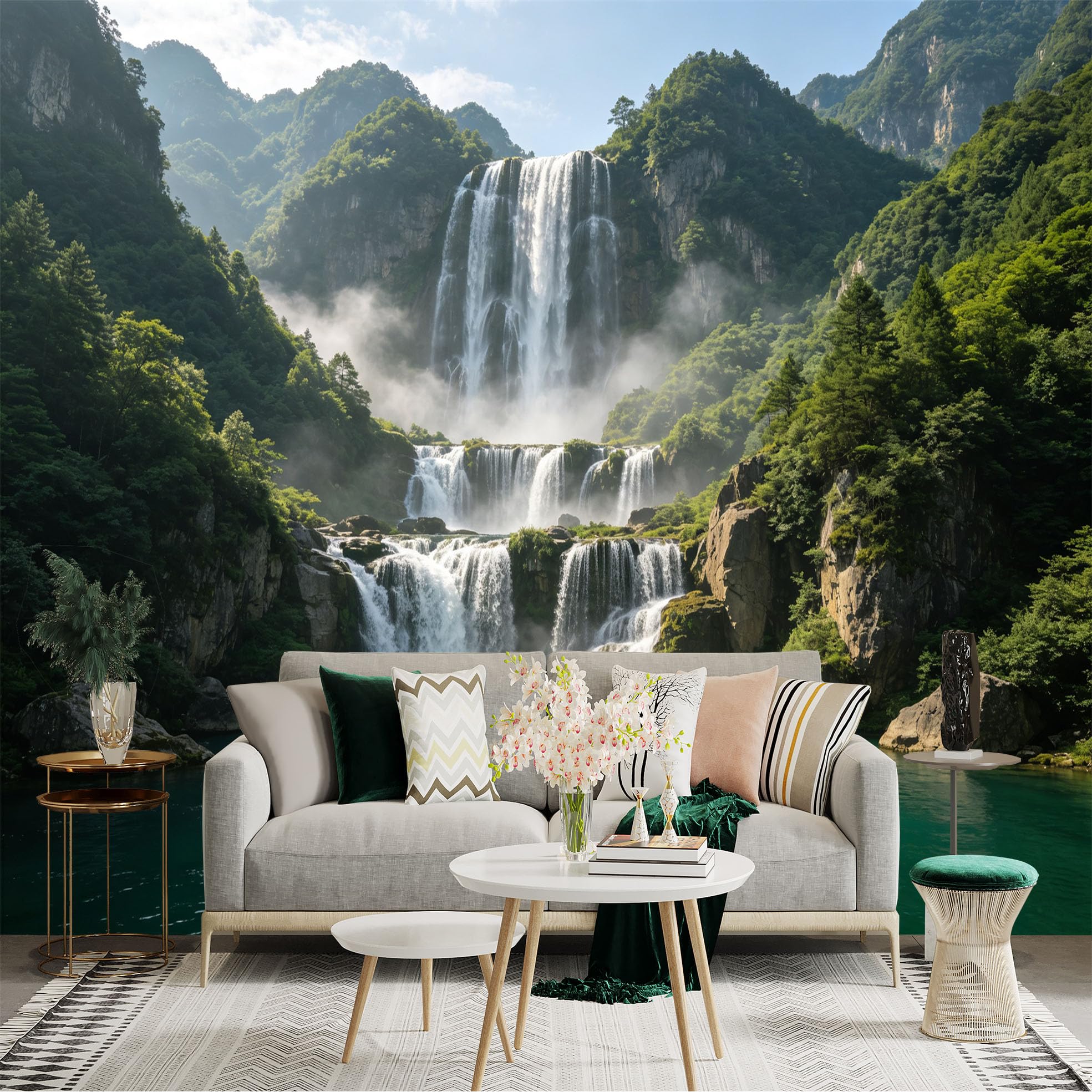 Custom Size Wall Sticker Mural， Majestic Waterfall in Lush Green Forest， Natural Cascading Water， Serene River Landscape， for wall Decoration， peelandstick wall Decals.