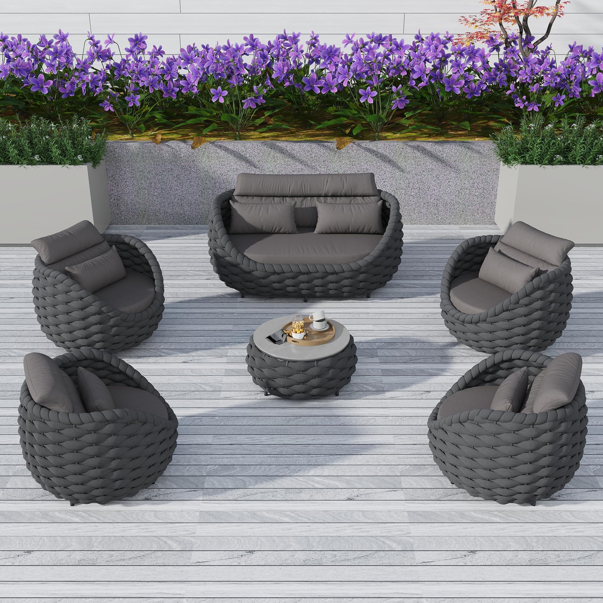 TWT 6 Pieces Patio Furniture Set Outdoor Rope Conversation Sectional Patio Sofa with 6 Seater for Backyard, Porch, Modern Armchairs with Thickness Cushions and Side Table, Dark Grey