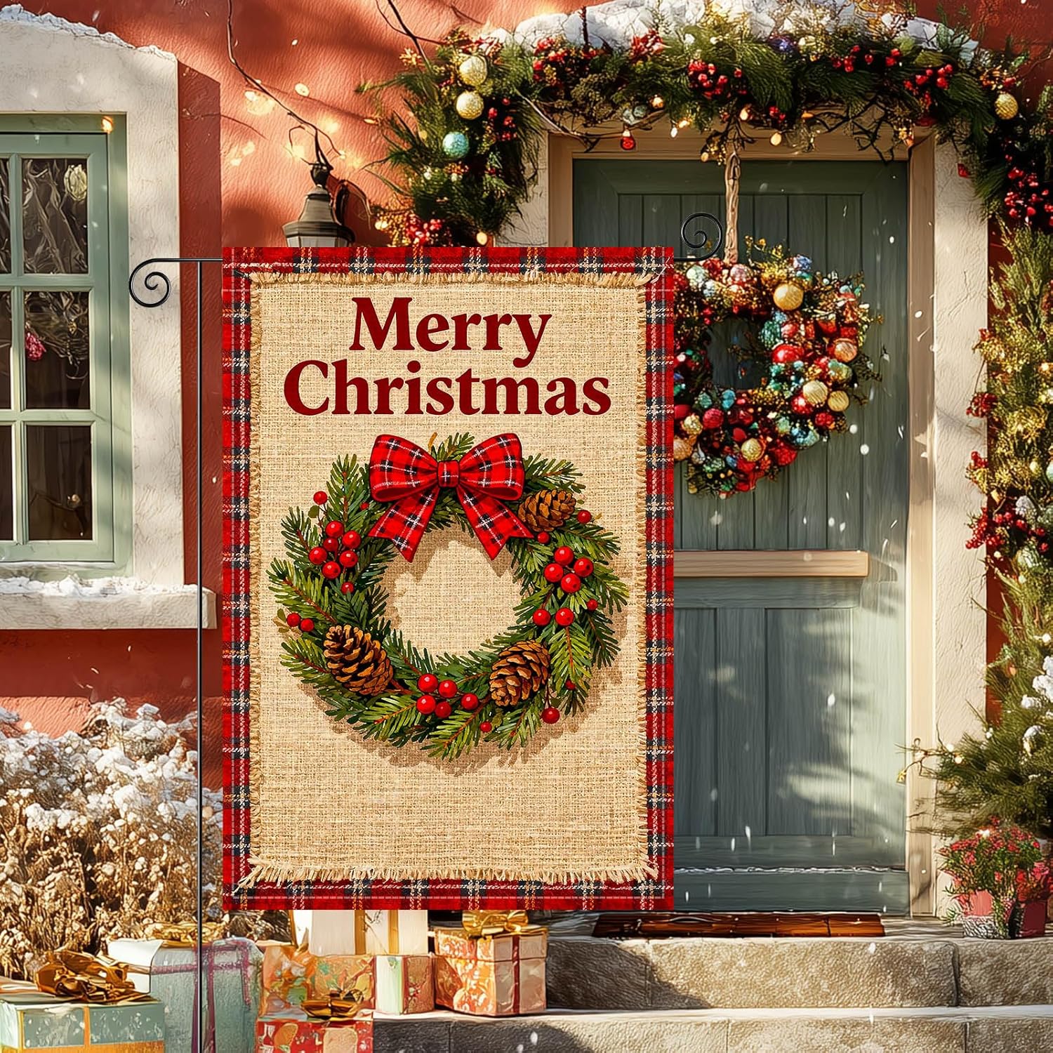Merry Christmas Garden Flag Double Sided 12x18 Inch Burlap Winter Garden Flag With Red Plaid Bow Pinecones Berries Seasonal Flags Christmas Holiday Flags For Patio Lawn Decoration - Image 8