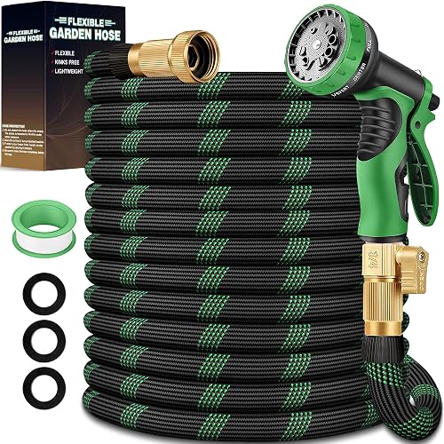 100 ft Garden Hose, 2026 Upgraded Lightweight with 3/4" Solid Brass Fittings, Ultra Durable No Kink Flexible Hose with 10-Function Nozzle, Leak-Free All-Weather for Yard, Lawn