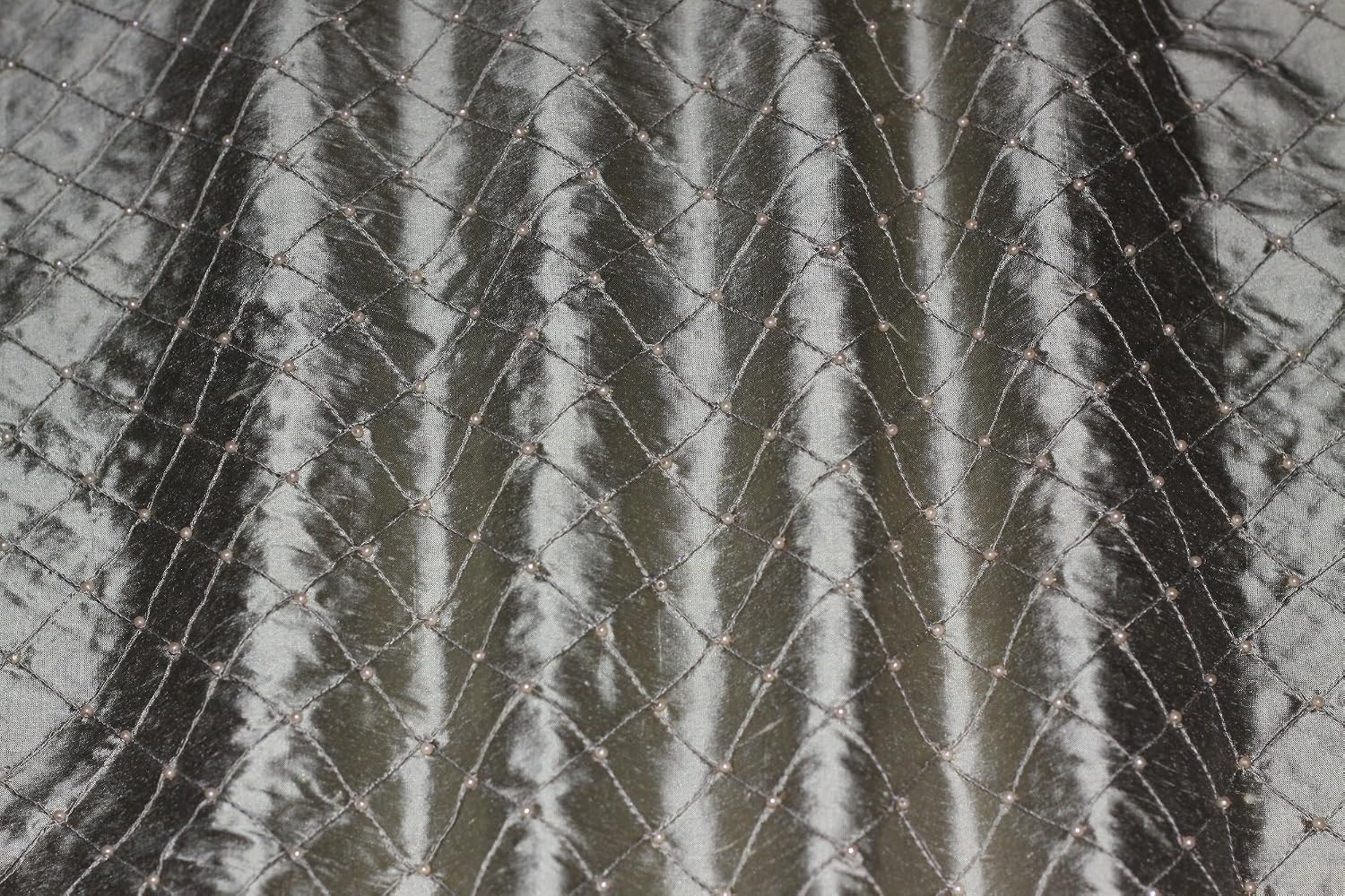 Sagebrush Pintuck Diamond Dupioni Shantung with Embroidery, 100% Silk Fabric, by The Yard, 54" Wide