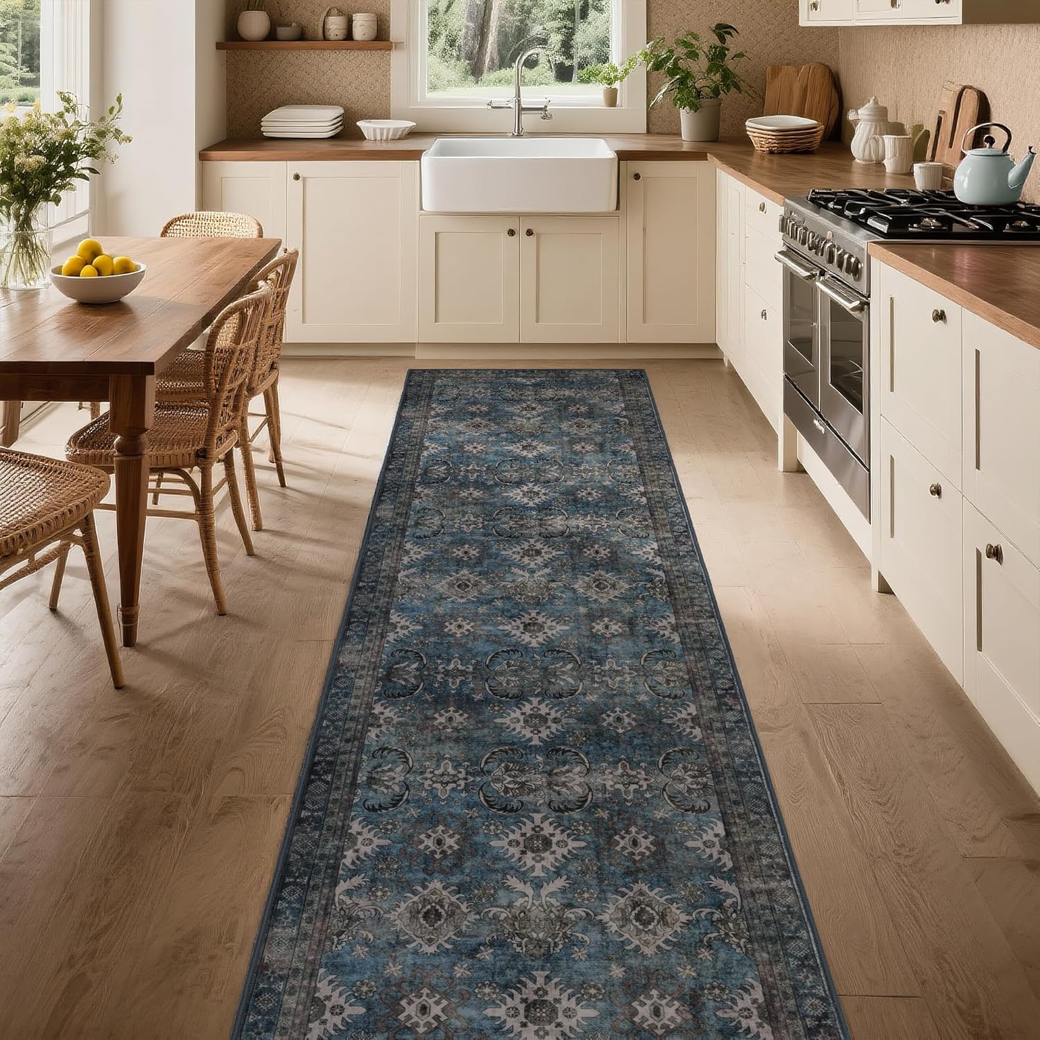 Blue Runner Rugs for Hallway: 2x8 Washable Long Rug for Entryway Kitchen Bathroom Bedroom Indoor Non-Slip - Vintage Home Decor Mat Carpet 2x8