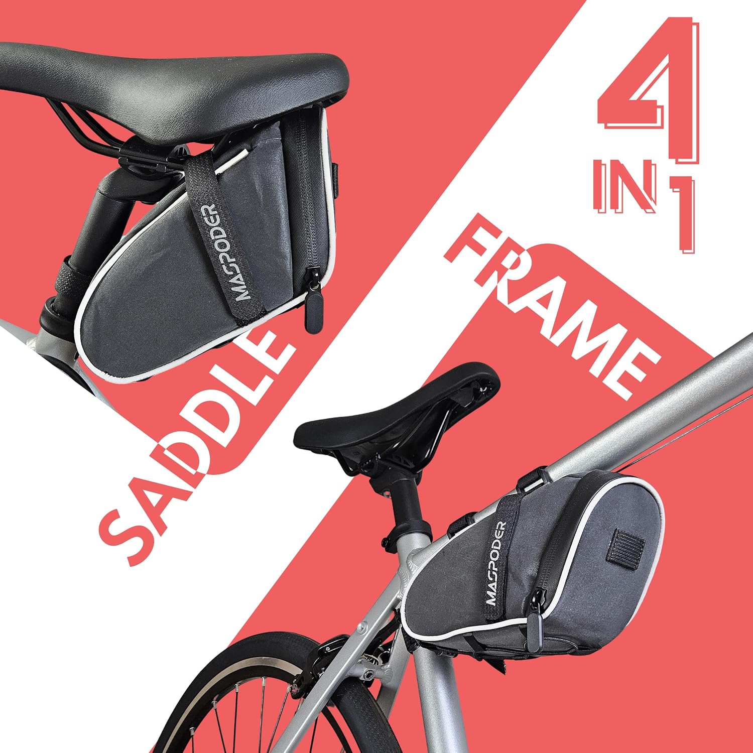 4 in 1 Bike Bag for Frame Handlebar Saddle Top Tube, 360 Reflective Waterproof Fabric Phone Holder Mount Pouch Bicycle Accessories for Adult Bikes Road Mountain MTB Gravel City Pocket ebike